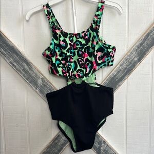 art class Kids Swim One Piece - Pink, Green, and Black Leopard